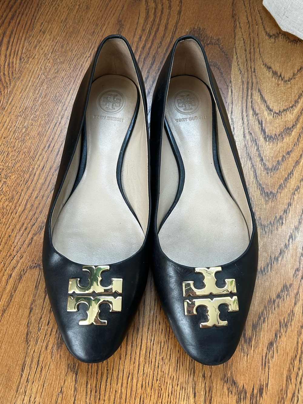 Tory Burch Black Leather Logo Flats with Gold Emblem